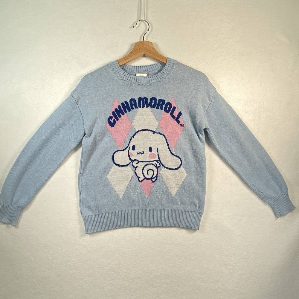 Sanrio Cinnamoroll Sweater Womens XS Blue Argyle Graphic Knit Kawaii Sanriocore